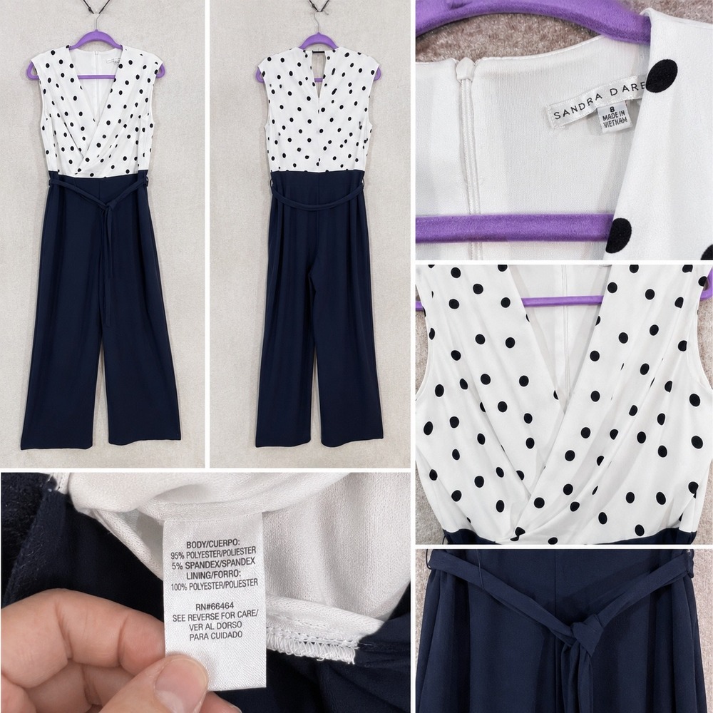 Sandra Darren Jumpsuit Womens 8 Polka Dot Sleeveless Wide Leg Belted Career